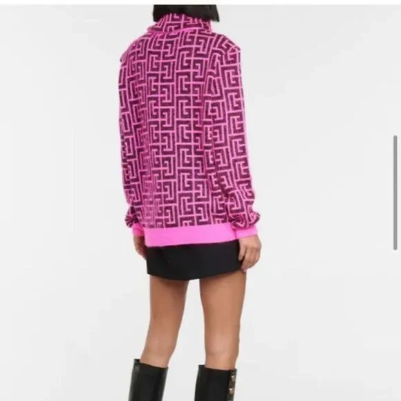 Balmain x Rossignol Logo monogram wool Mohair turtleneck sweater Pink Black
